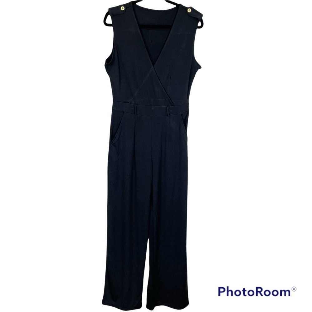 Unbranded Woman's Sz L Black Sleeveless Wrap Top Jumpsuit V Neck Gold‎ Accents